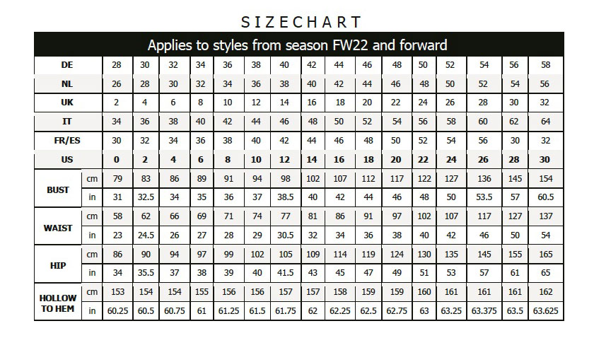 Justin Alexander Current Size Chart from Fall 2022