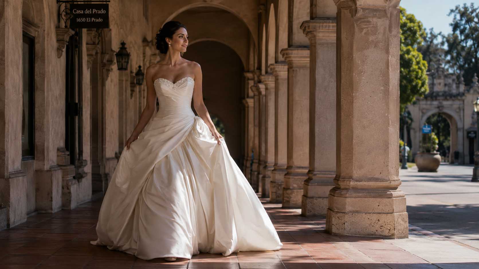 Bride walking through Balboa Park in a satin princess gown inspired by glamorous 1950s retro wedding dresses.