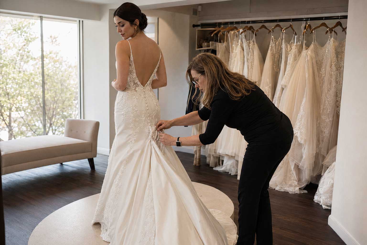 Bridal seamstress adjusting a bride’s wedding dress bustle during an in-boutique fitting.