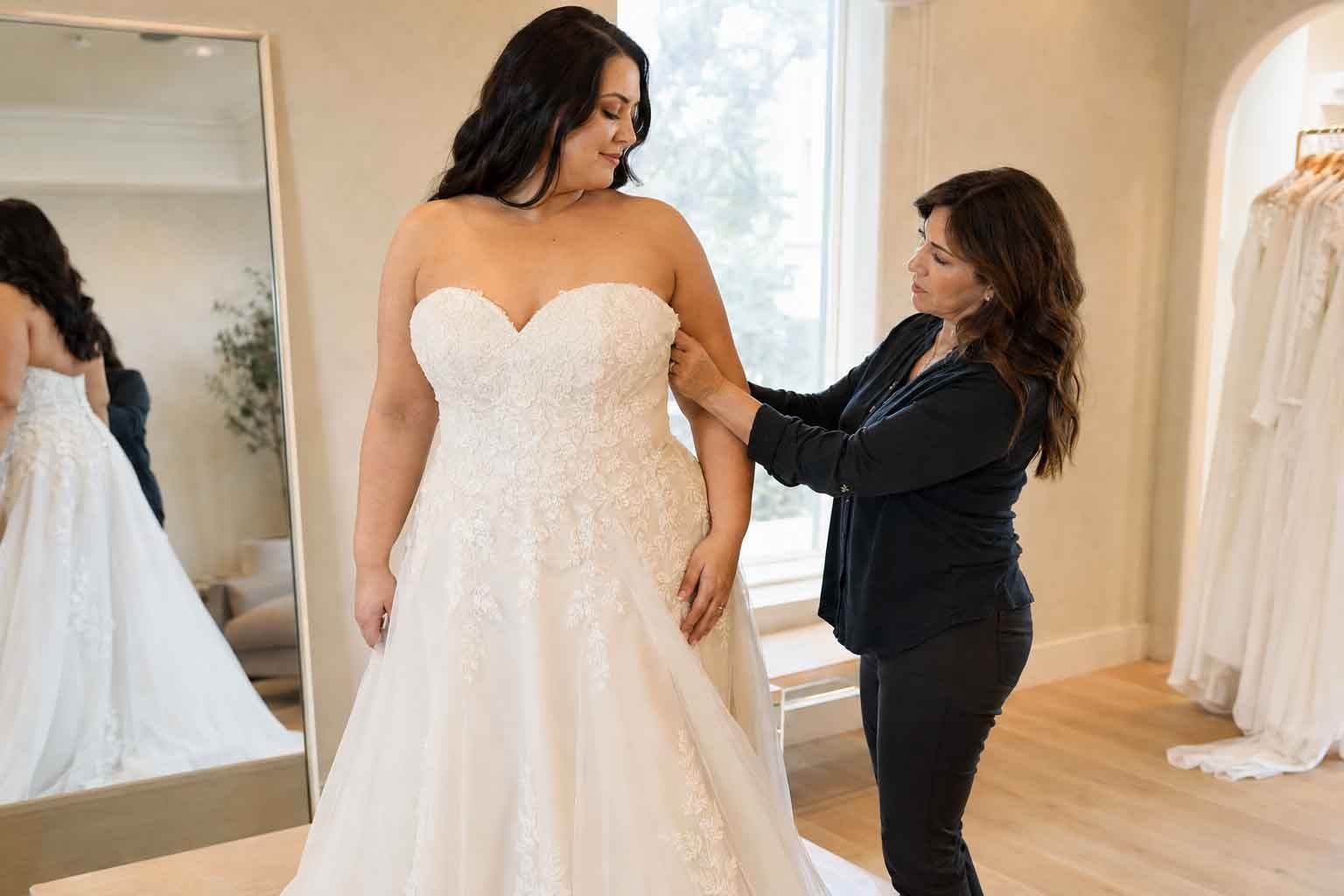 Bridal seamstress checking neckline and bodice fit during an alteration appointment