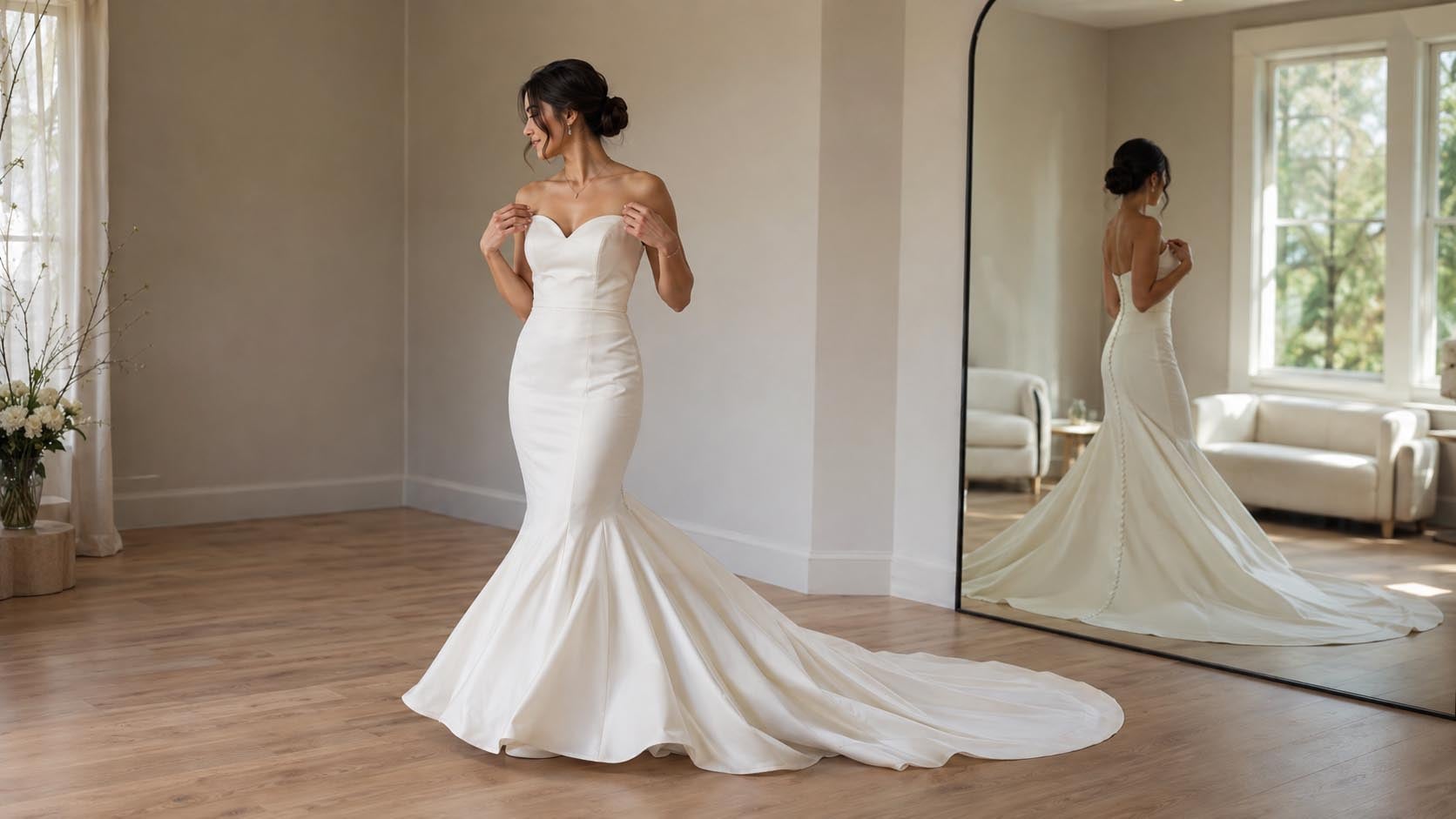Bride Testing wedding dress Movement in san diego bridal boutique