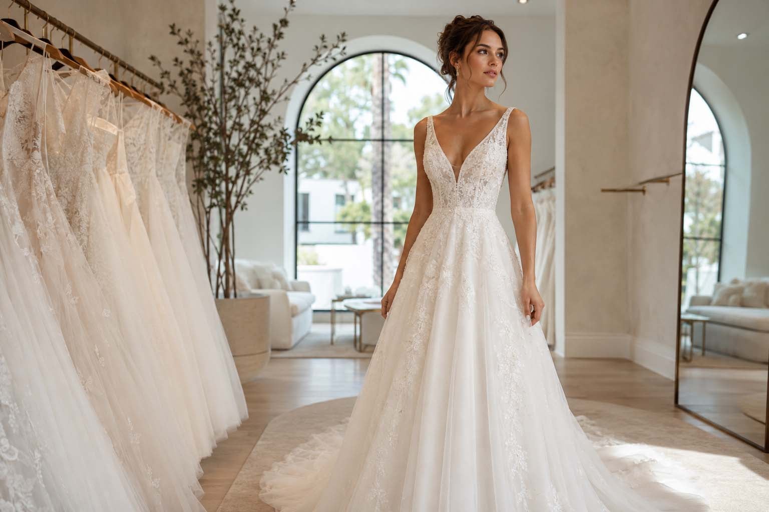 Bride wearing a v-neckline wedding dress in san diego brial boutique