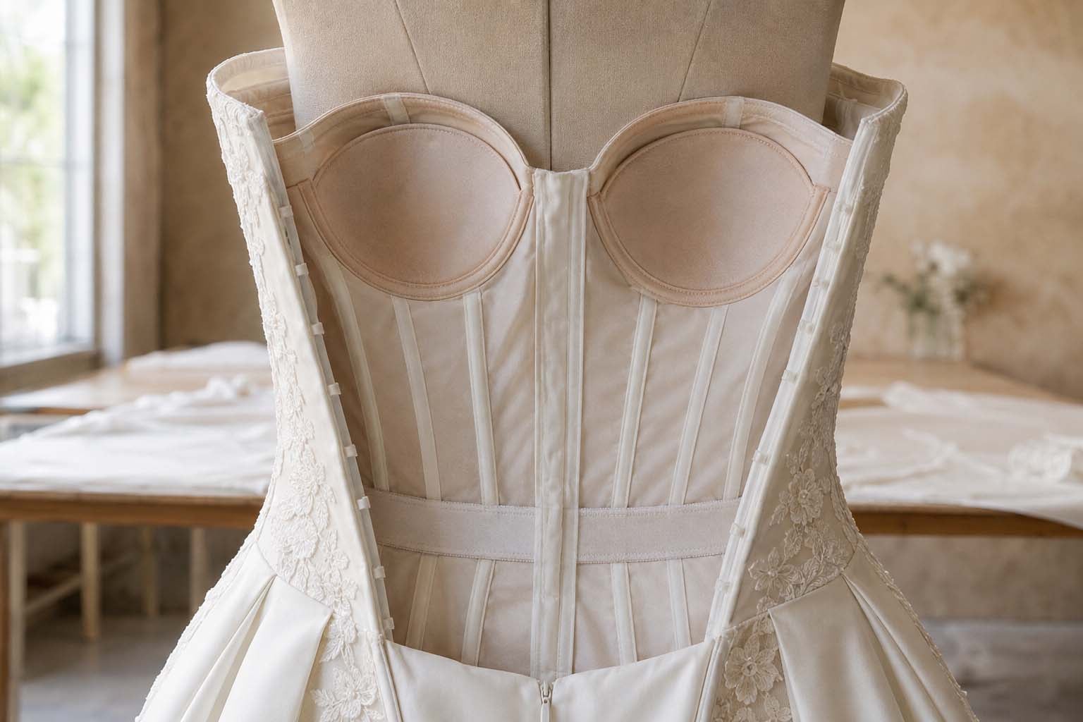 Internal boning and sewn-in cups inside a structured bridal bodice