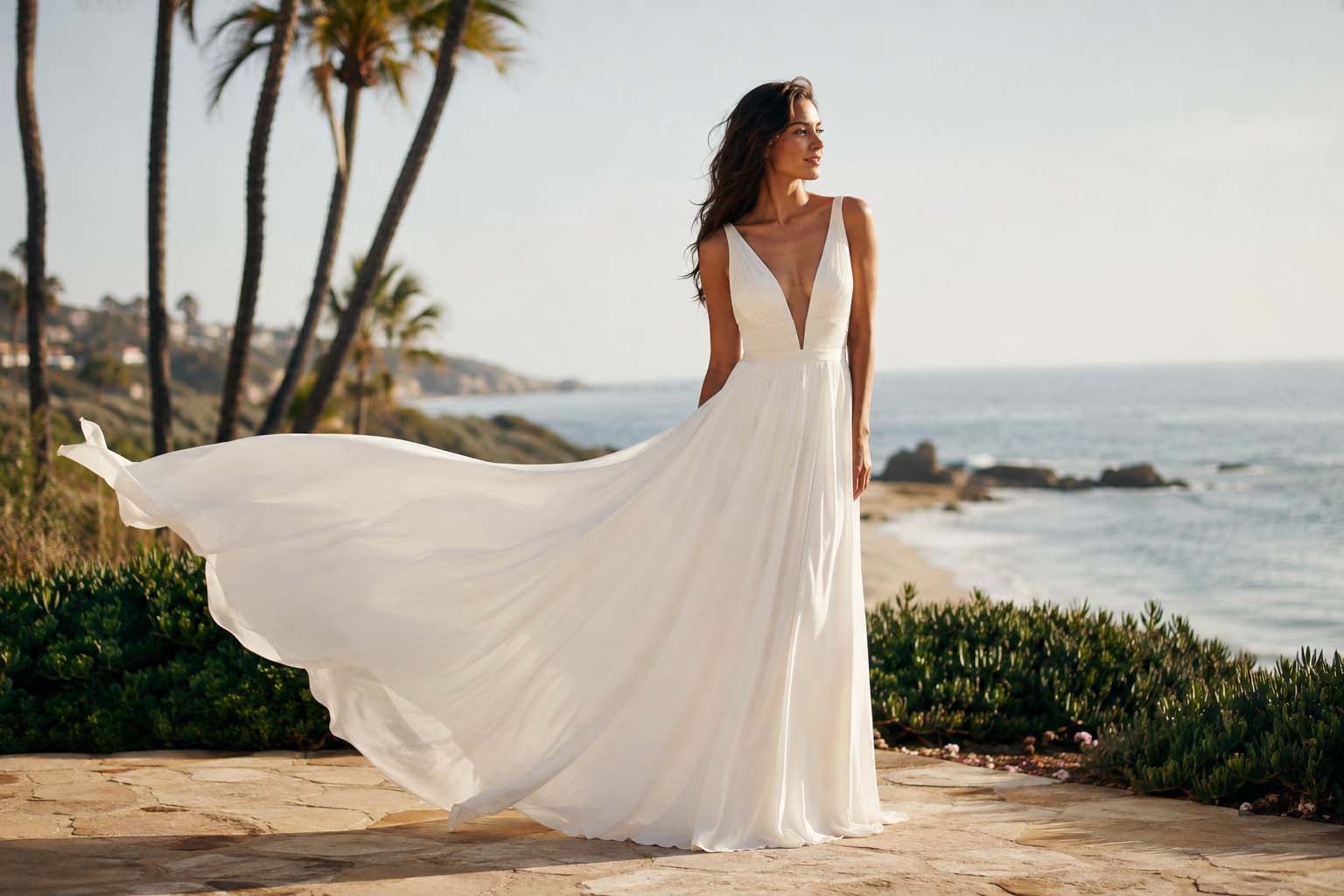 wearing a full-length V-neck wedding gown with a structured bodice and flowing skirt