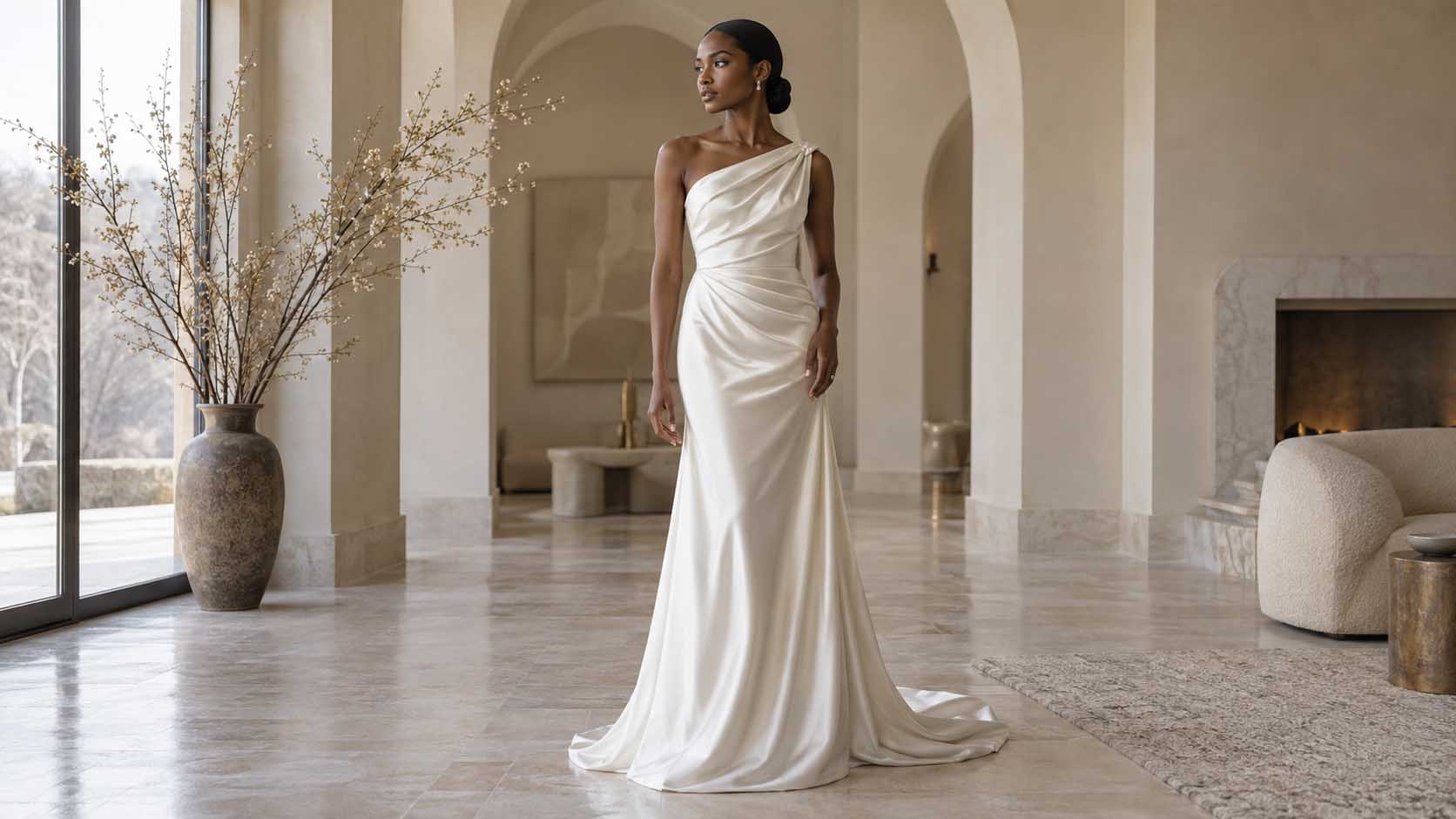 Bride in a pearl-embellished mermaid wedding gown with a halter neckline in a candlelit interior.