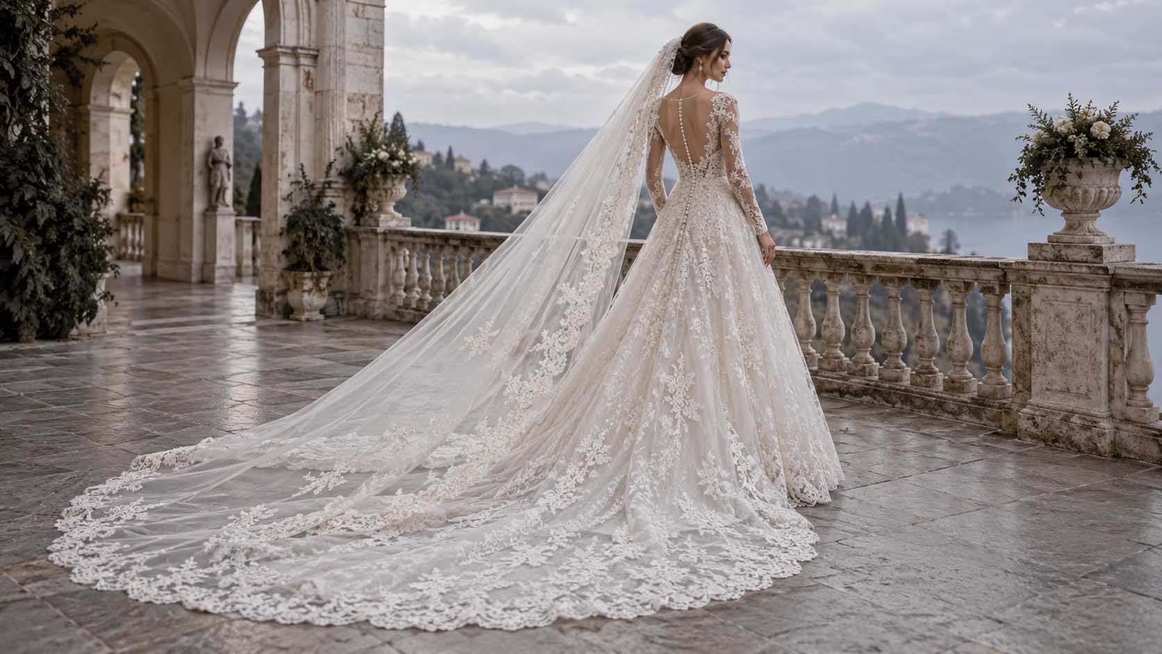 Rear view of a long-sleeved lace wedding gown with a sweeping train and cathedral-length lace veil.