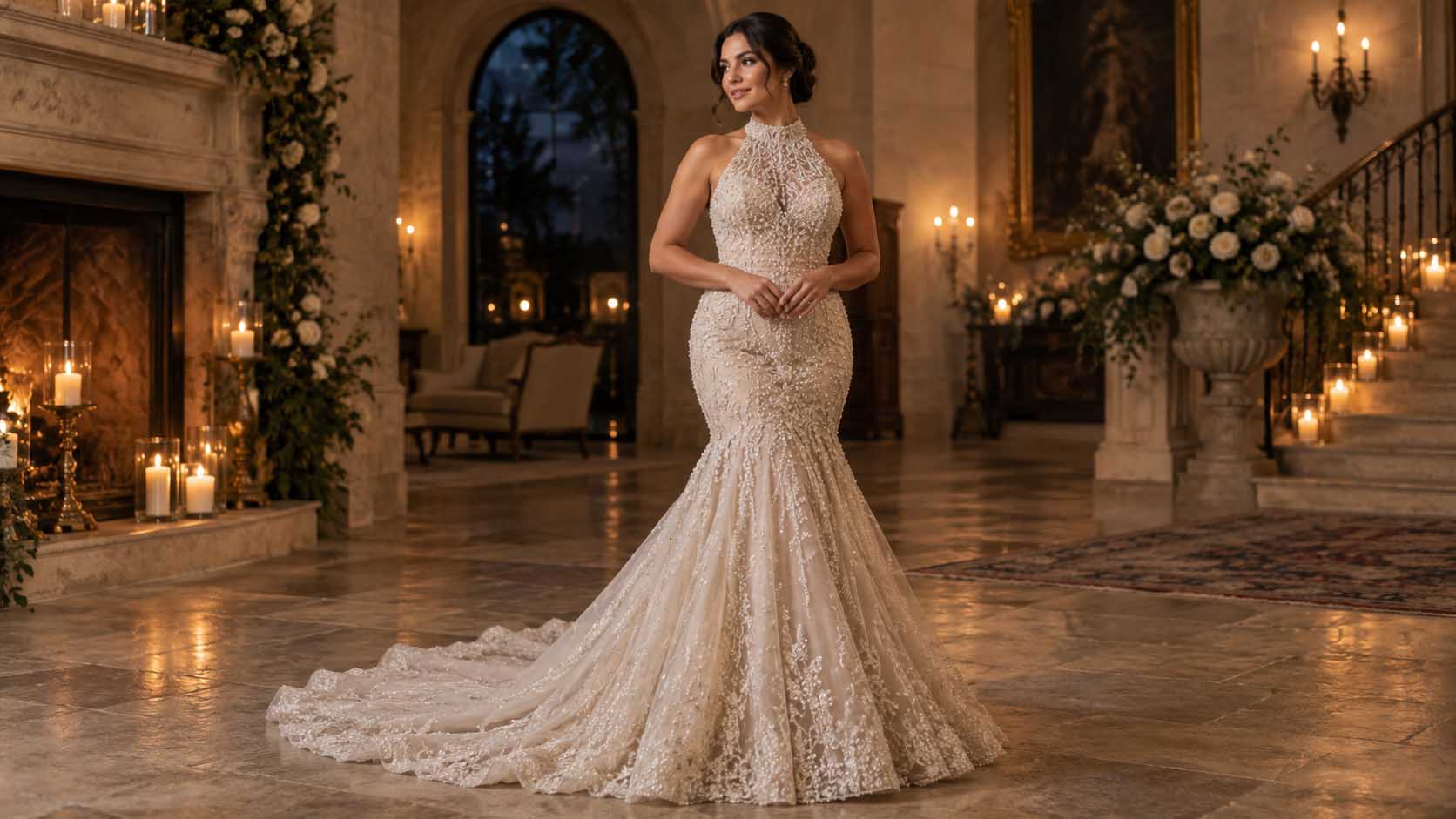 Bride wearing a minimalist ivory gown with an asymmetrical draped neckline.