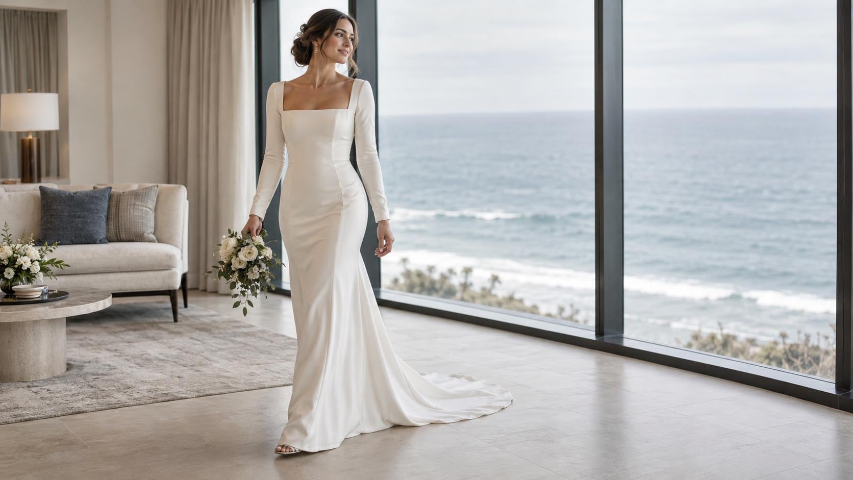 Bride wearing a long-sleeve sheath wedding dress at a coastal San Diego venue