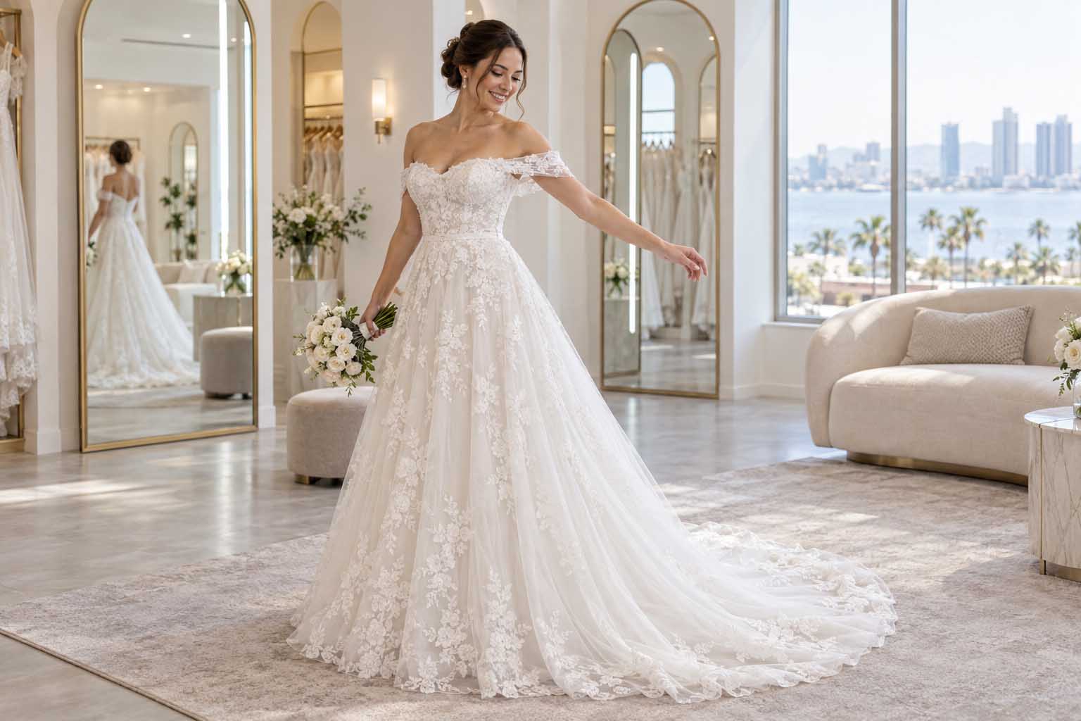 bride-testing-off-The-shoulder wedding dress movement