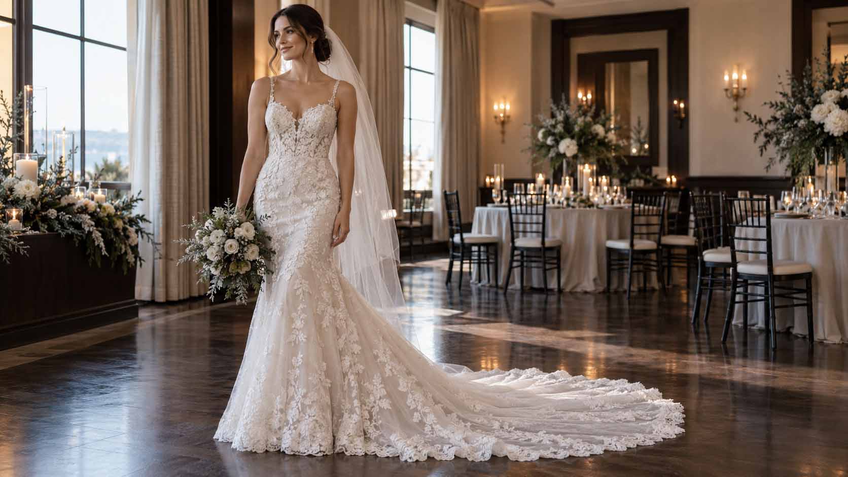 Lace fit and flare wedding dress with a chapel train for a formal winter wedding