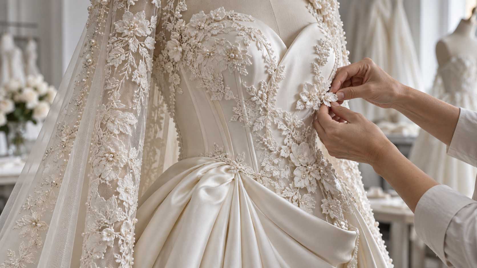 Bride comparing fit and flare and sheath wedding dresses during a San Diego bridal fitting