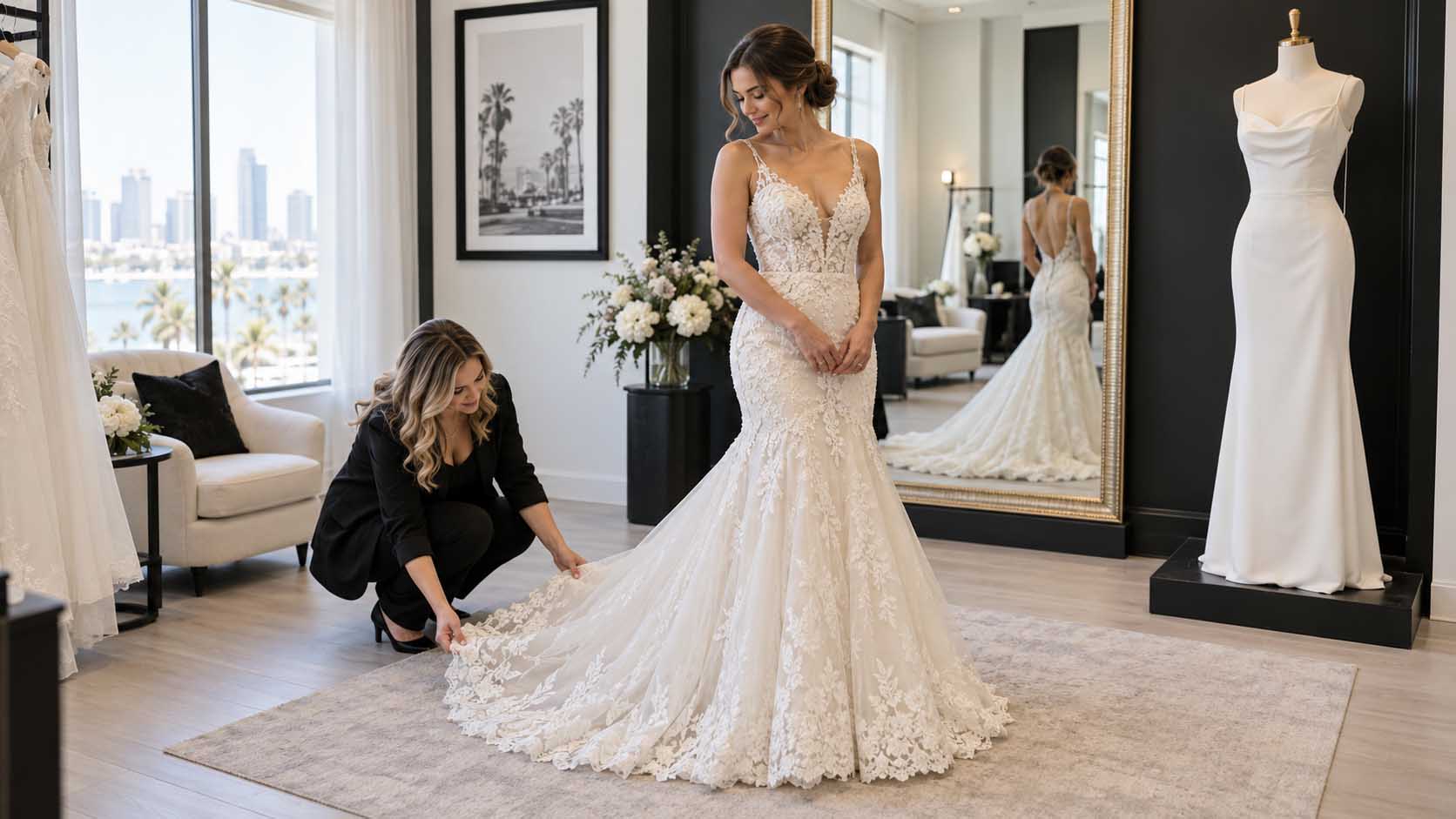 Couture winter wedding dress with floral lace, pearl embellishments, and sculpted corsetry