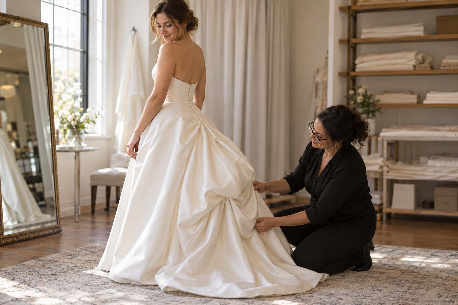 French bustle bridal fitting