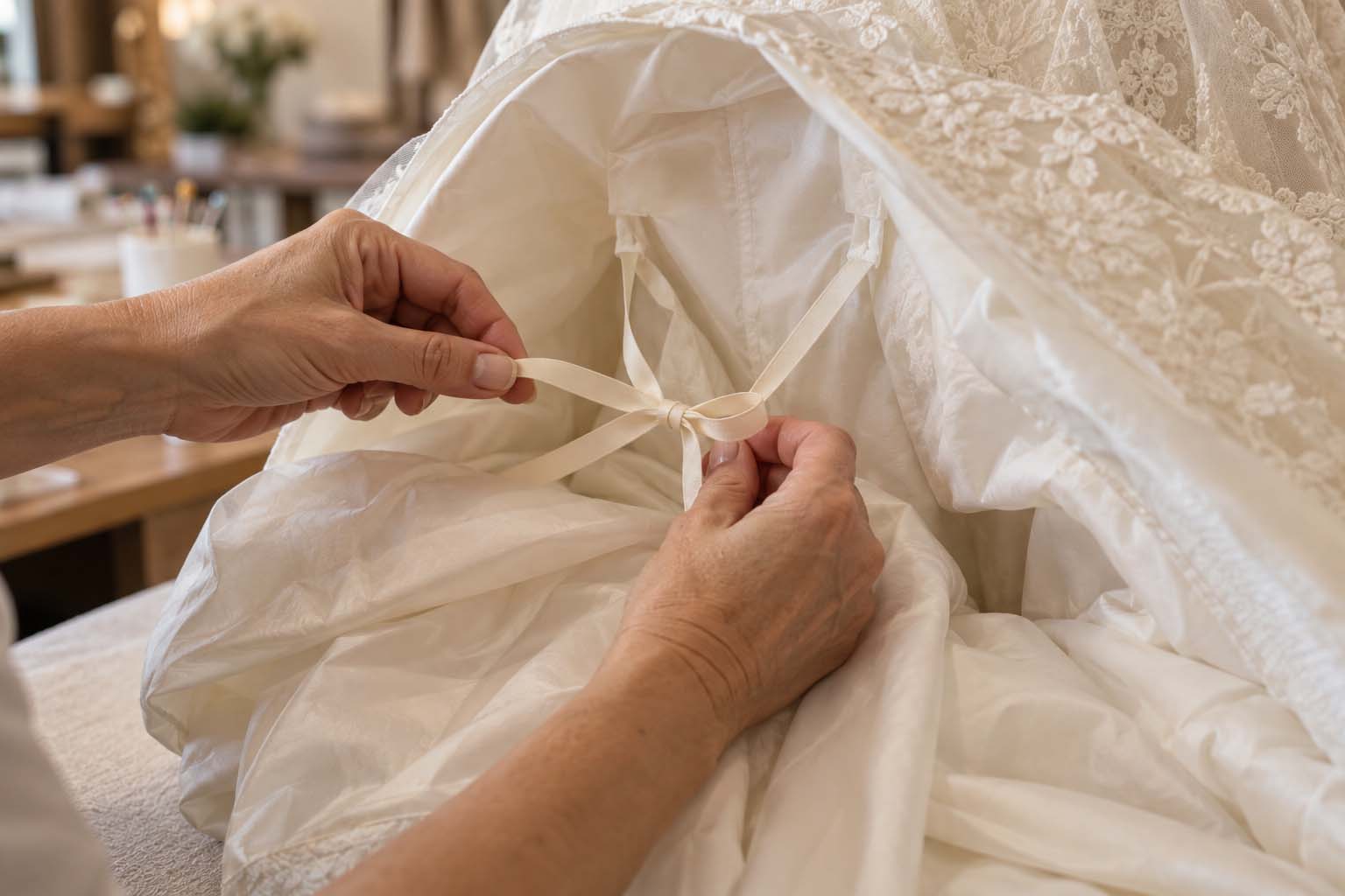 Hidden French bustle ribbon ties