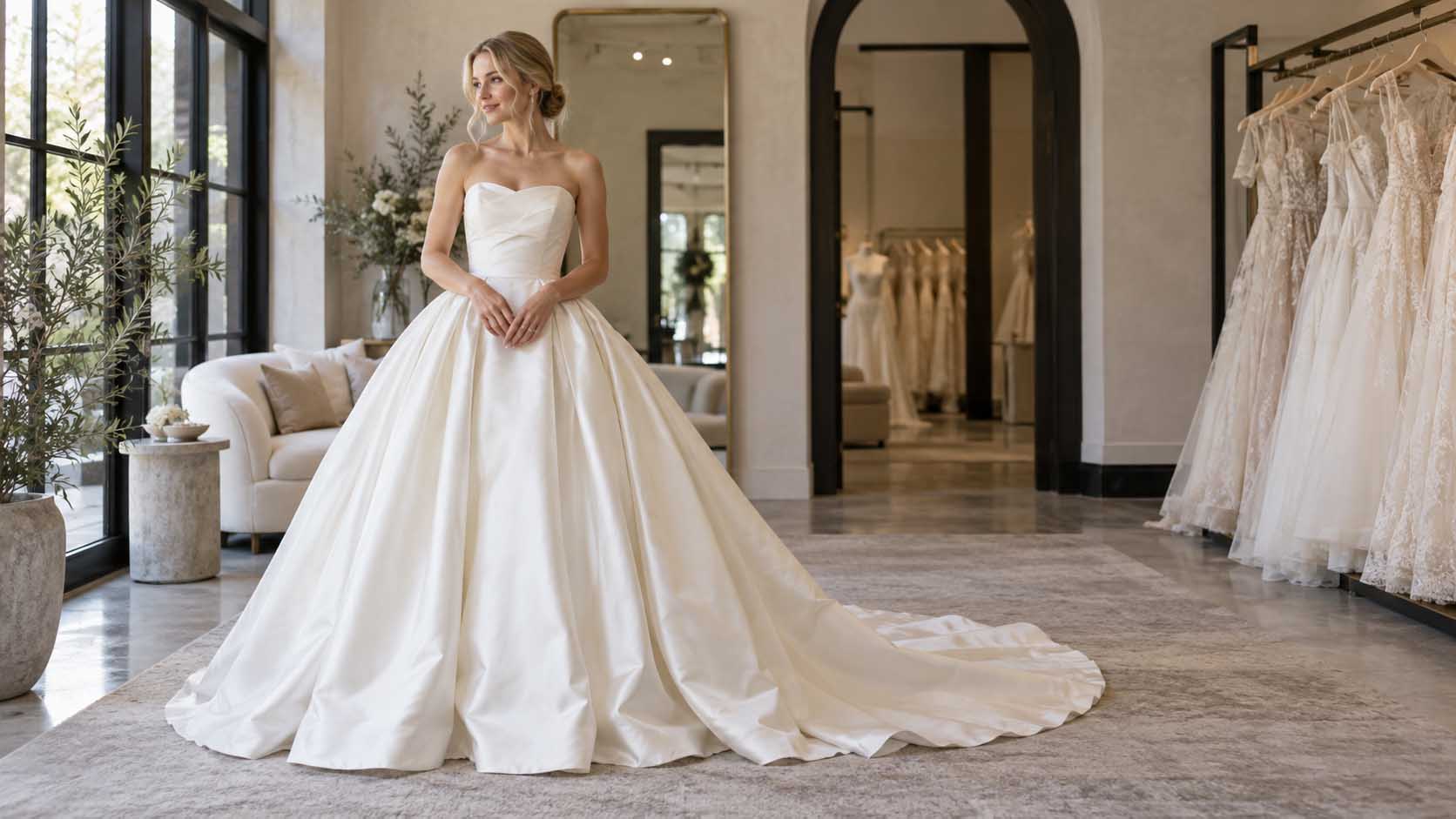 Interior of a High-End bridal gowns ivory bridal bodice showing satin lining, stitched support channels, and finished seams.