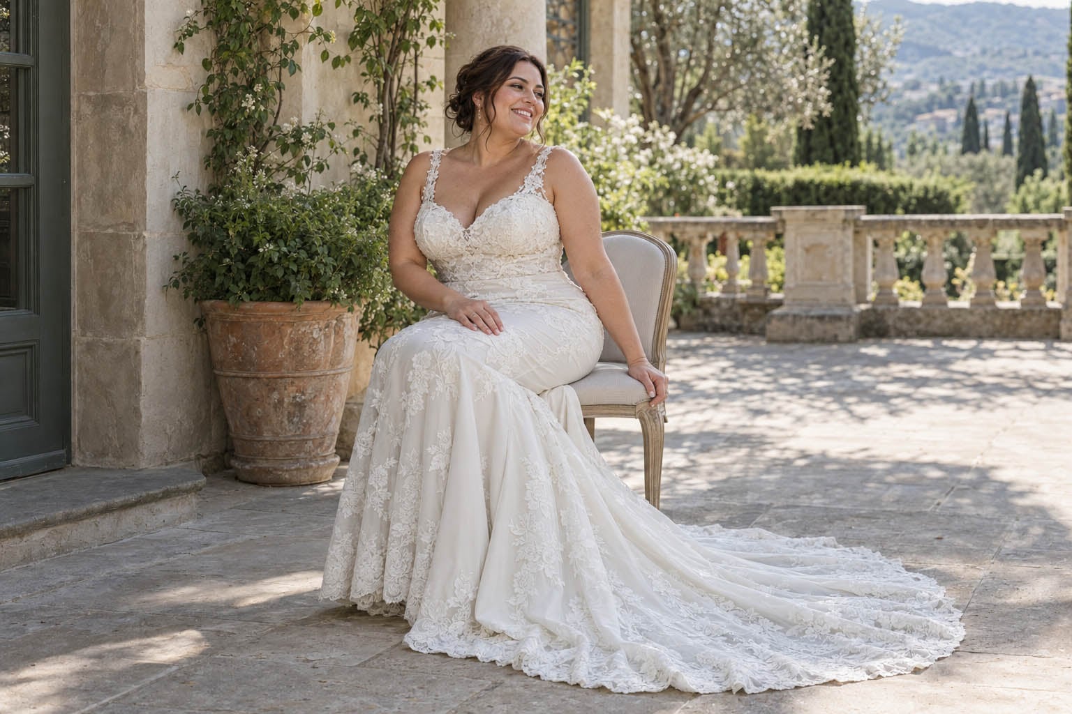 Laughing Bride in an Ivory Trumpet Gown