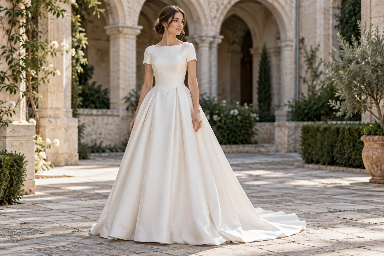 Bride wearing an ivory basque-waist wedding dress with short sleeves in an arched stone courtyard.