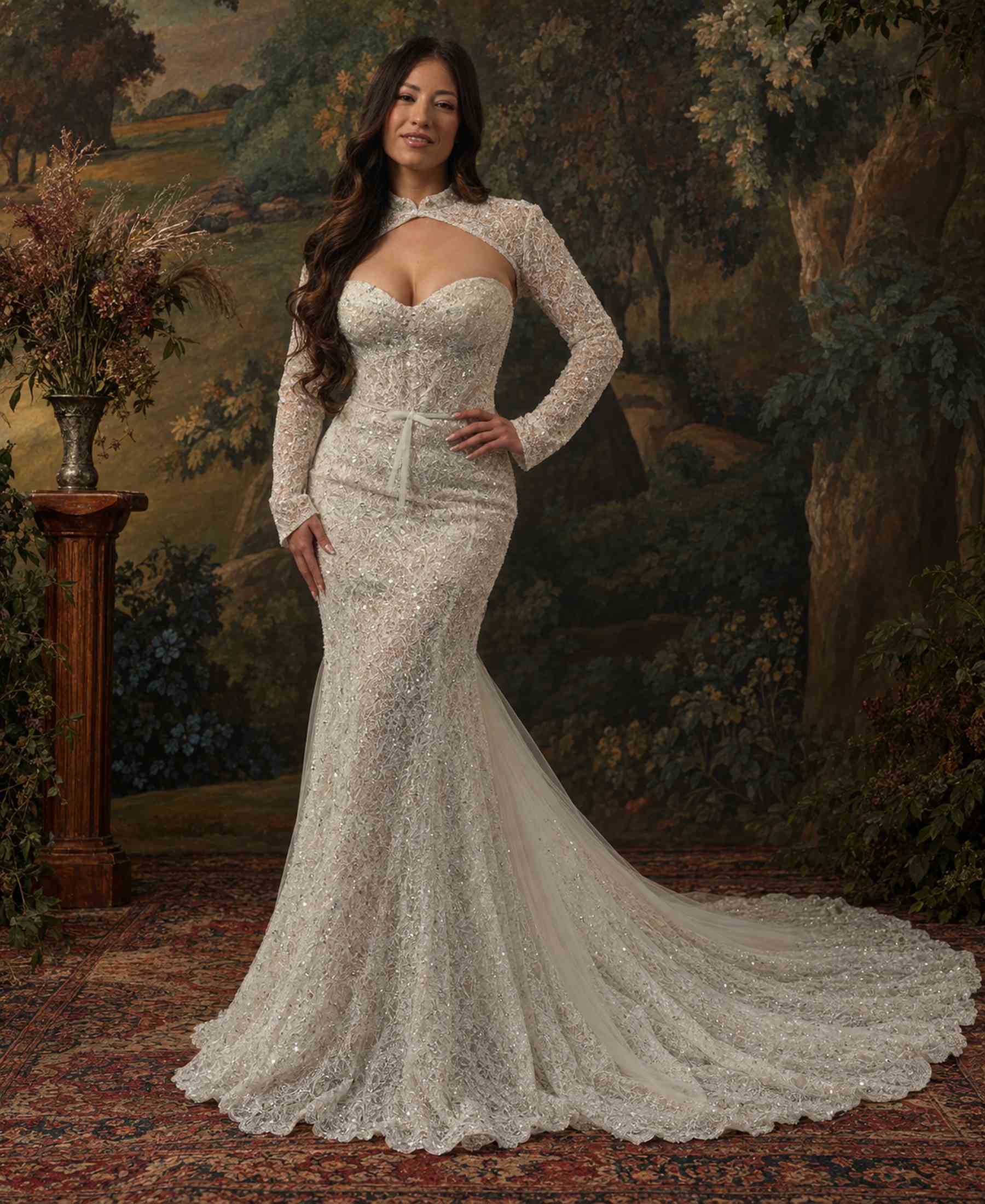 Elena beaded lace mermaid wedding dress by Navid Noor Couture with sweetheart bodice and high-neck lace overlay
