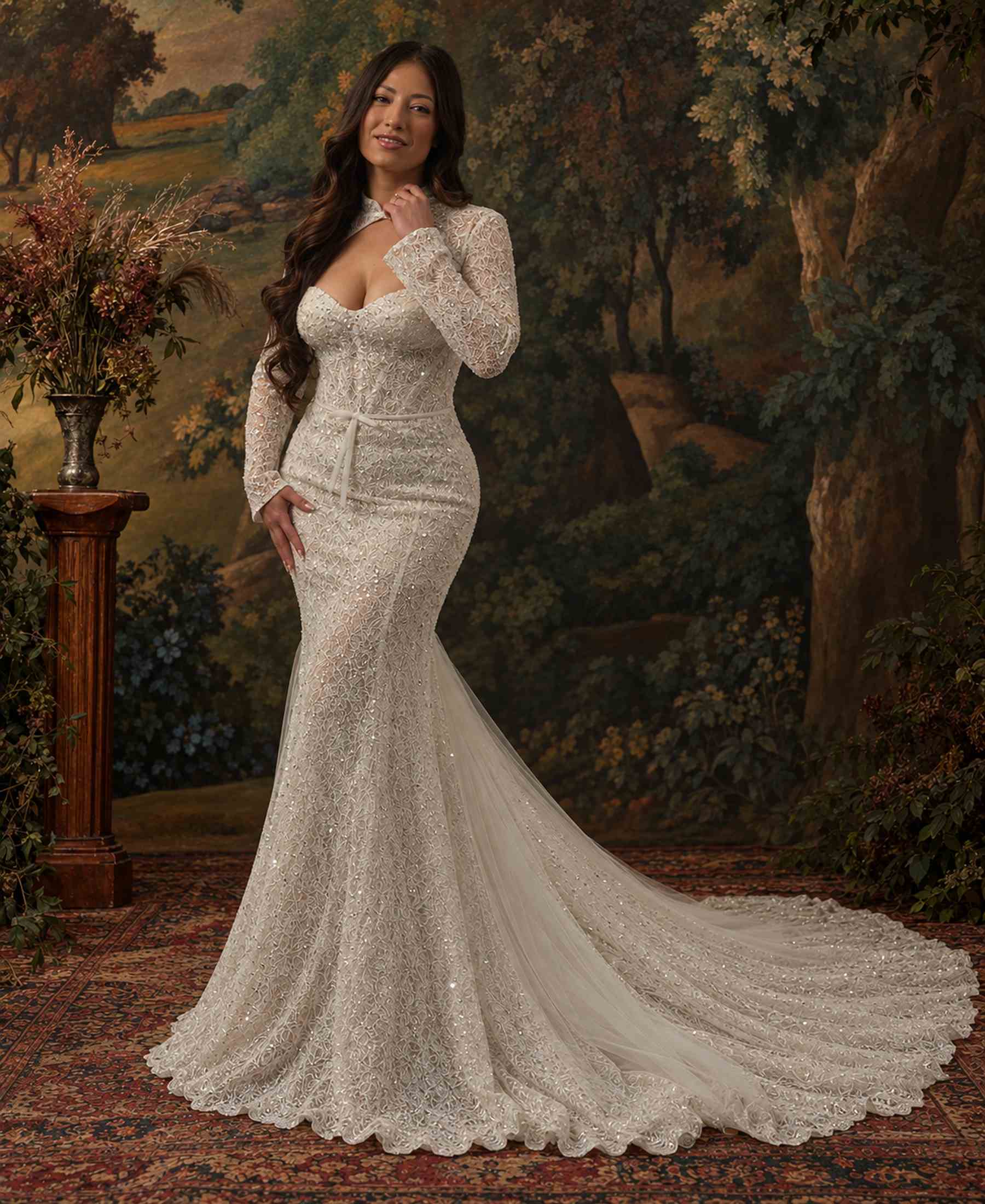 Elena sweetheart lace wedding dress with long sheer lace sleeves by Navid Noor Couture