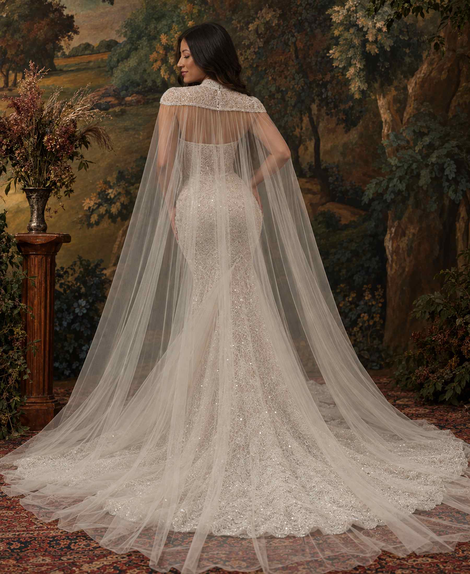 Back view of Elena wedding dress with dramatic sheer cape and beaded lace train
