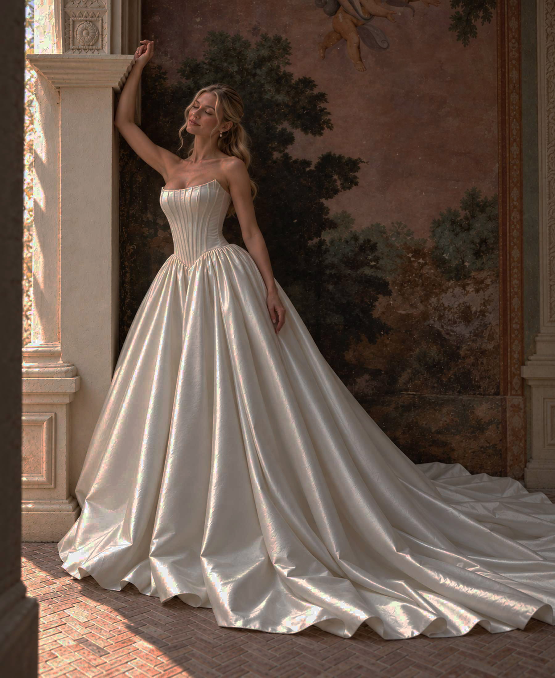 Elysia ball gown wedding dress with structured corset bodice and sweeping train by Navid Noor Couture