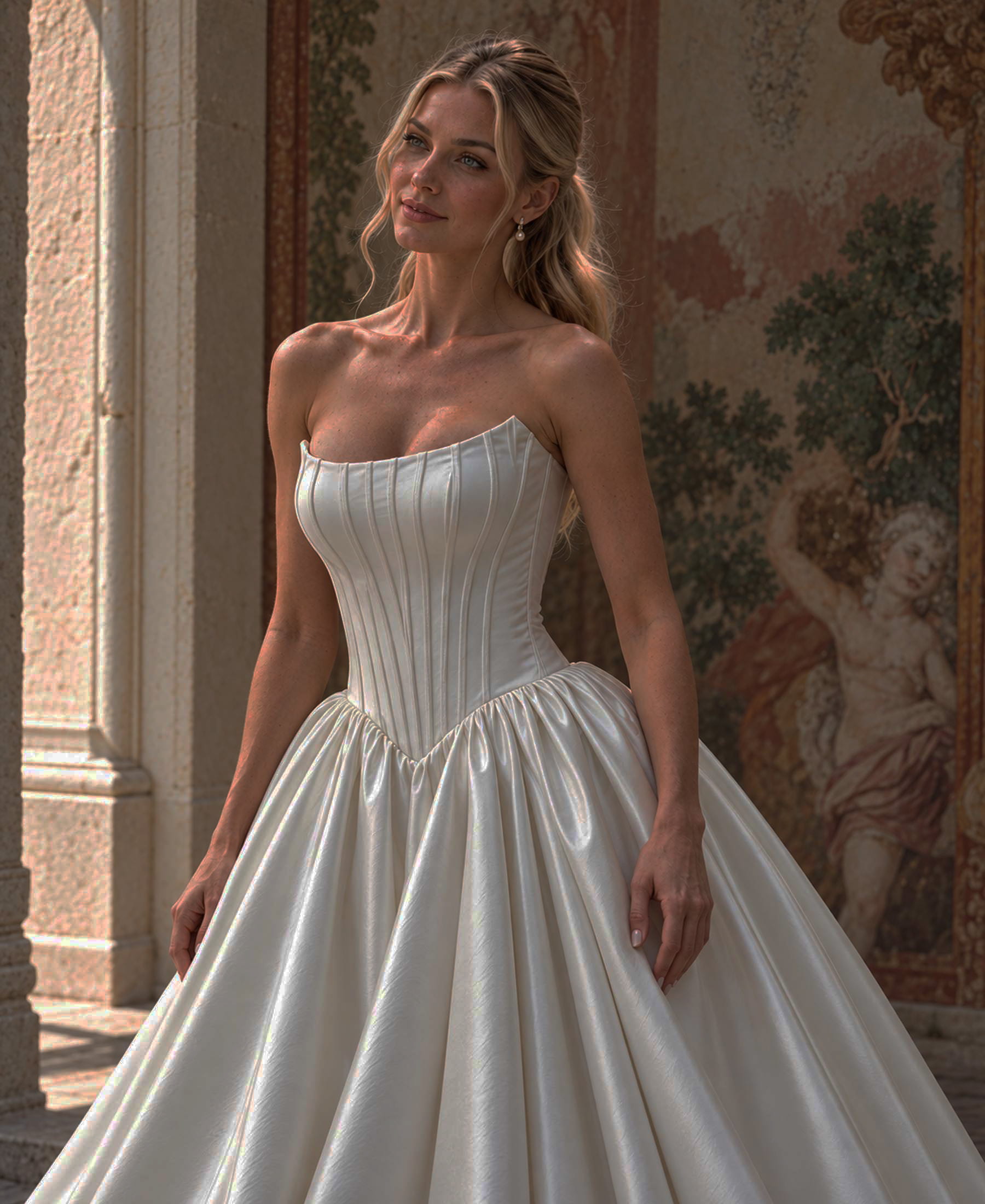 Close-up of Elysia corset bodice with vertical paneling and pointed basque waist