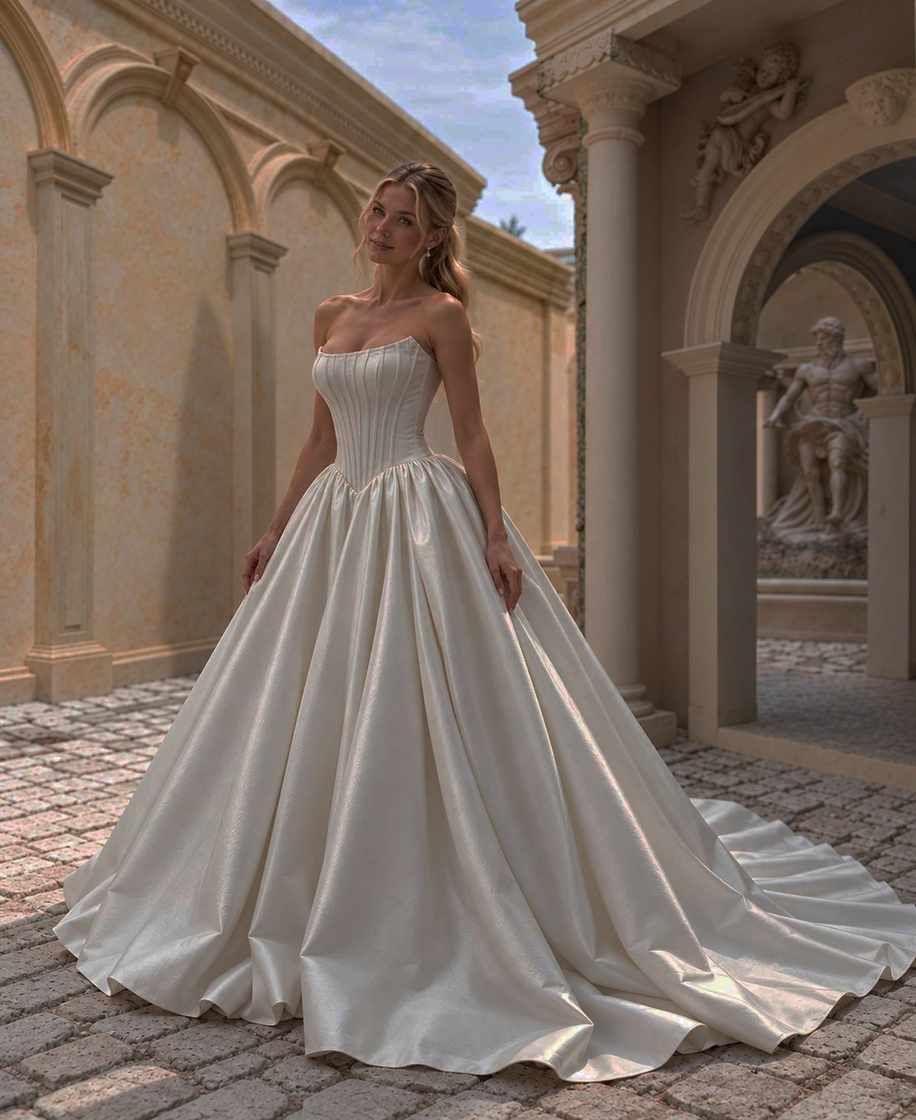 Elysia strapless corset ball gown wedding dress by Navid Noor Couture with basque waist and full satin-look skirt