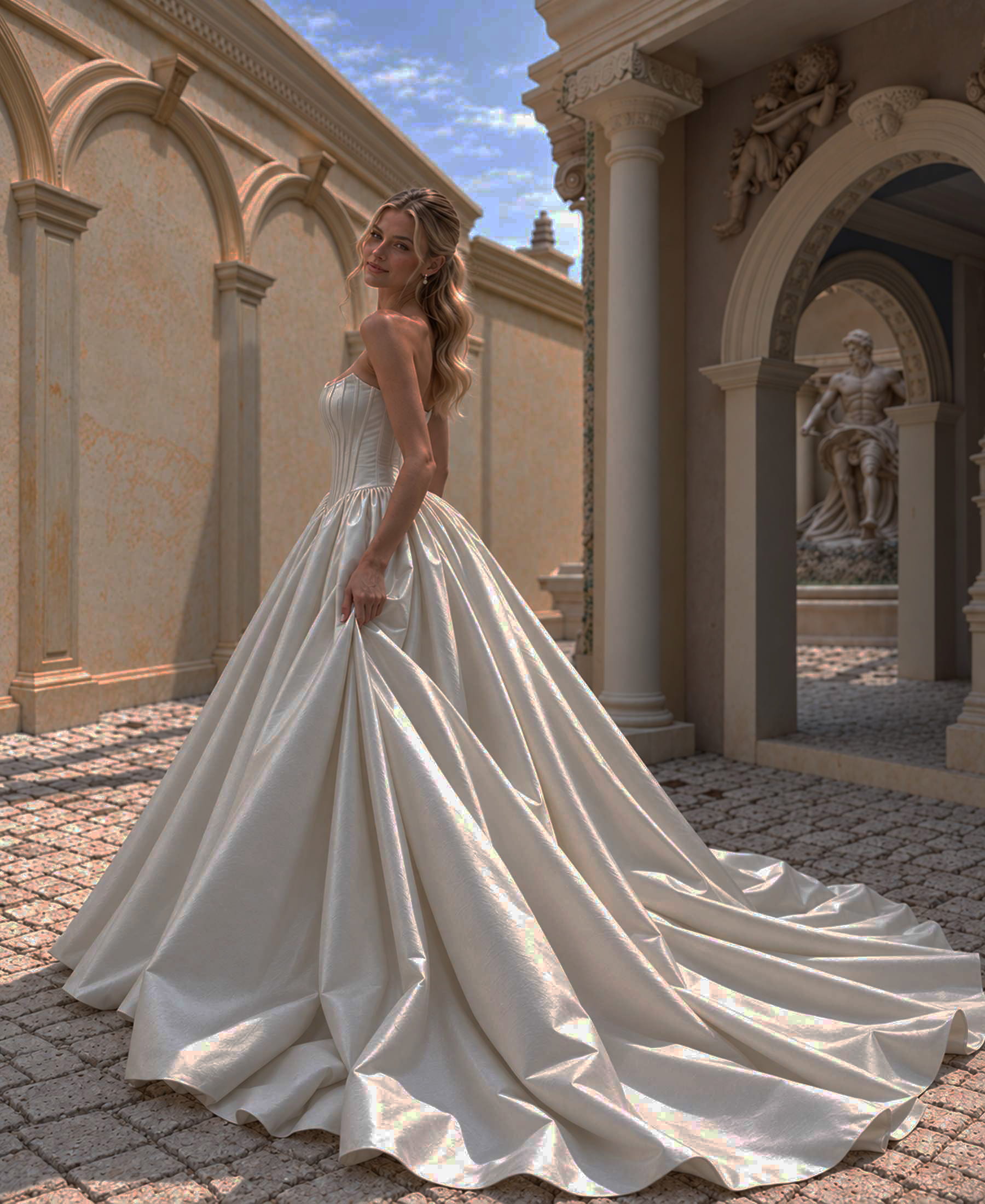 Side view of Elysia strapless ball gown wedding dress showing voluminous skirt and train