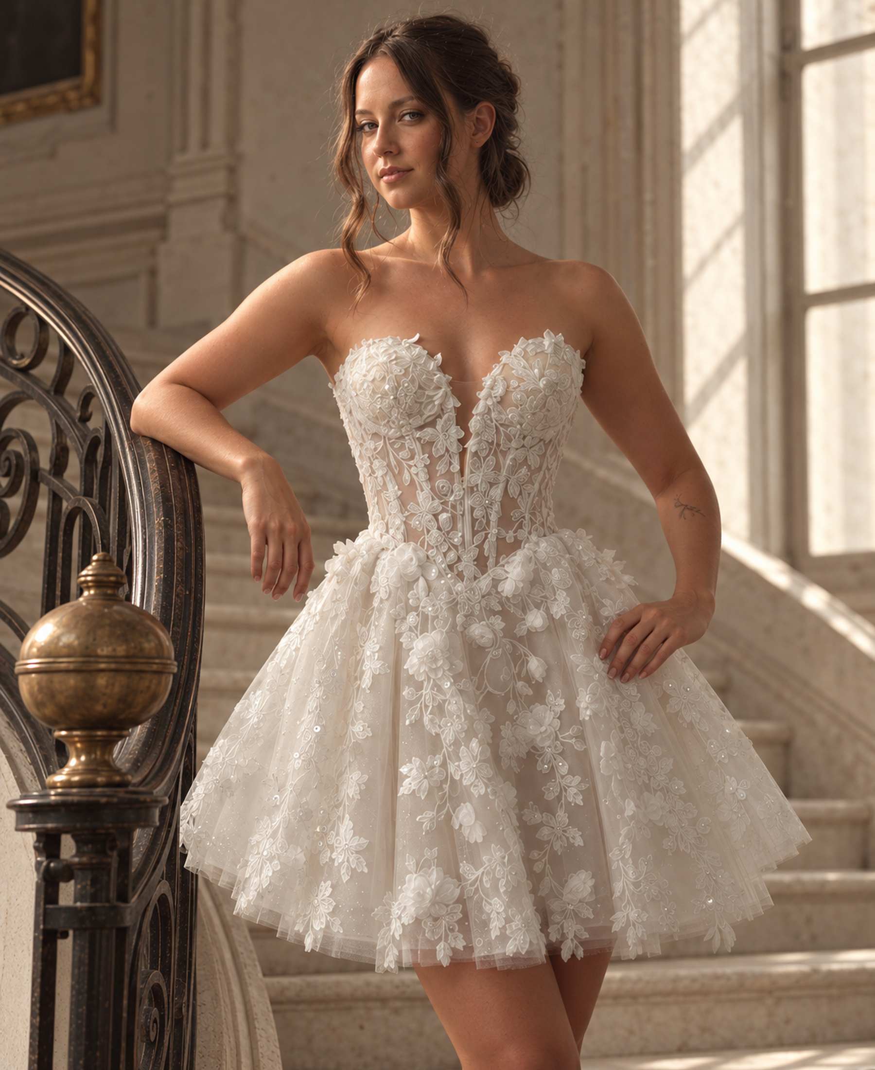 Jolie Fleur plunging illusion corset bodice with dimensional floral appliqué