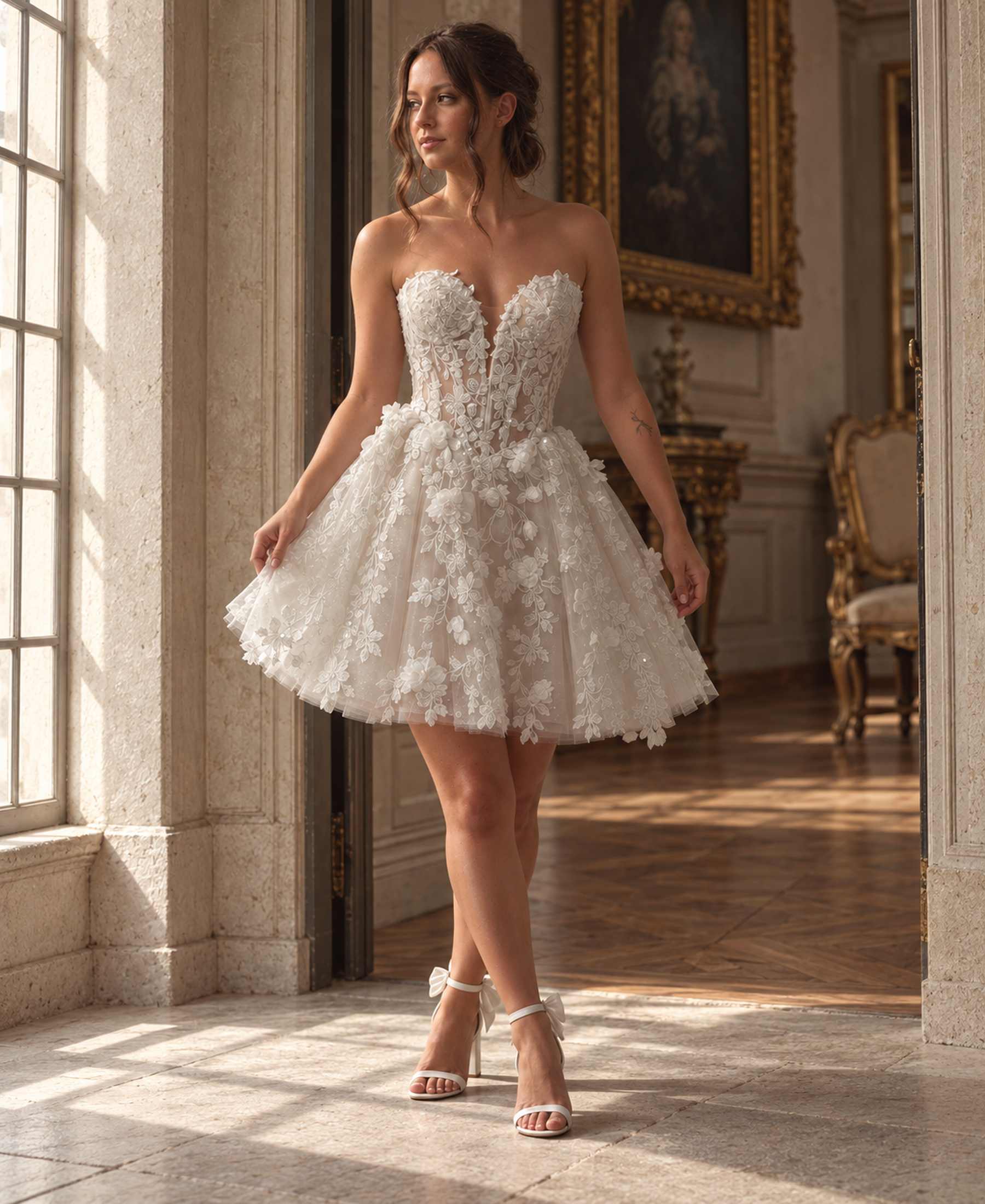 Jolie Fleur short floral lace wedding dress by Navid Noor Couture with strapless illusion corset and tulle skirt