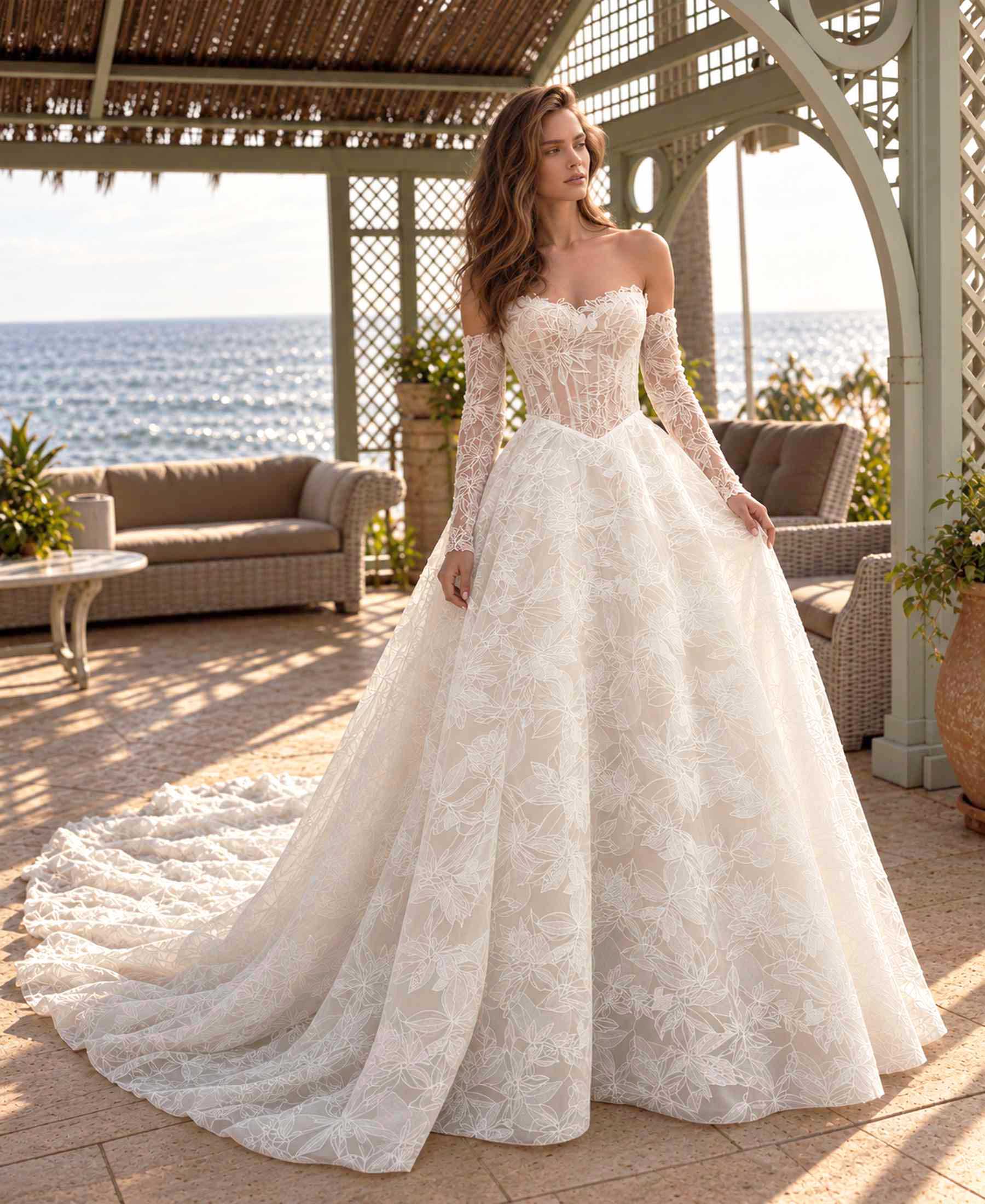 Mercedes floral lace ball gown wedding dress with sweeping train by Navid Noor Couture