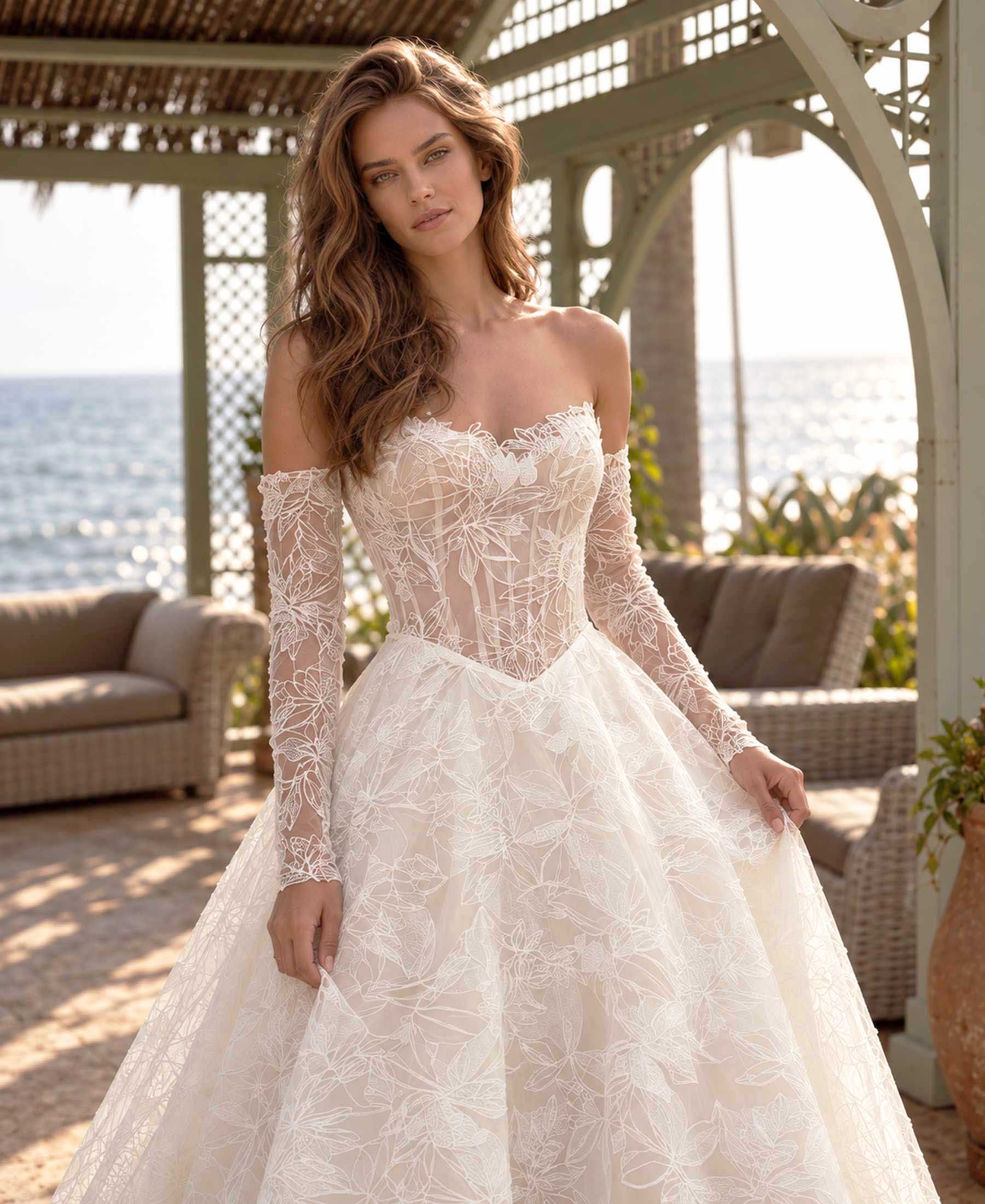 Close-up of Mercedes sheer corset bodice with botanical floral lace and off-the-shoulder sleeves